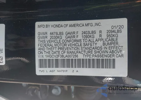 2020 Honda Accord Sport 2.0T z USA, uszkodzony, nr VIN 1HGCV2F38LA007256